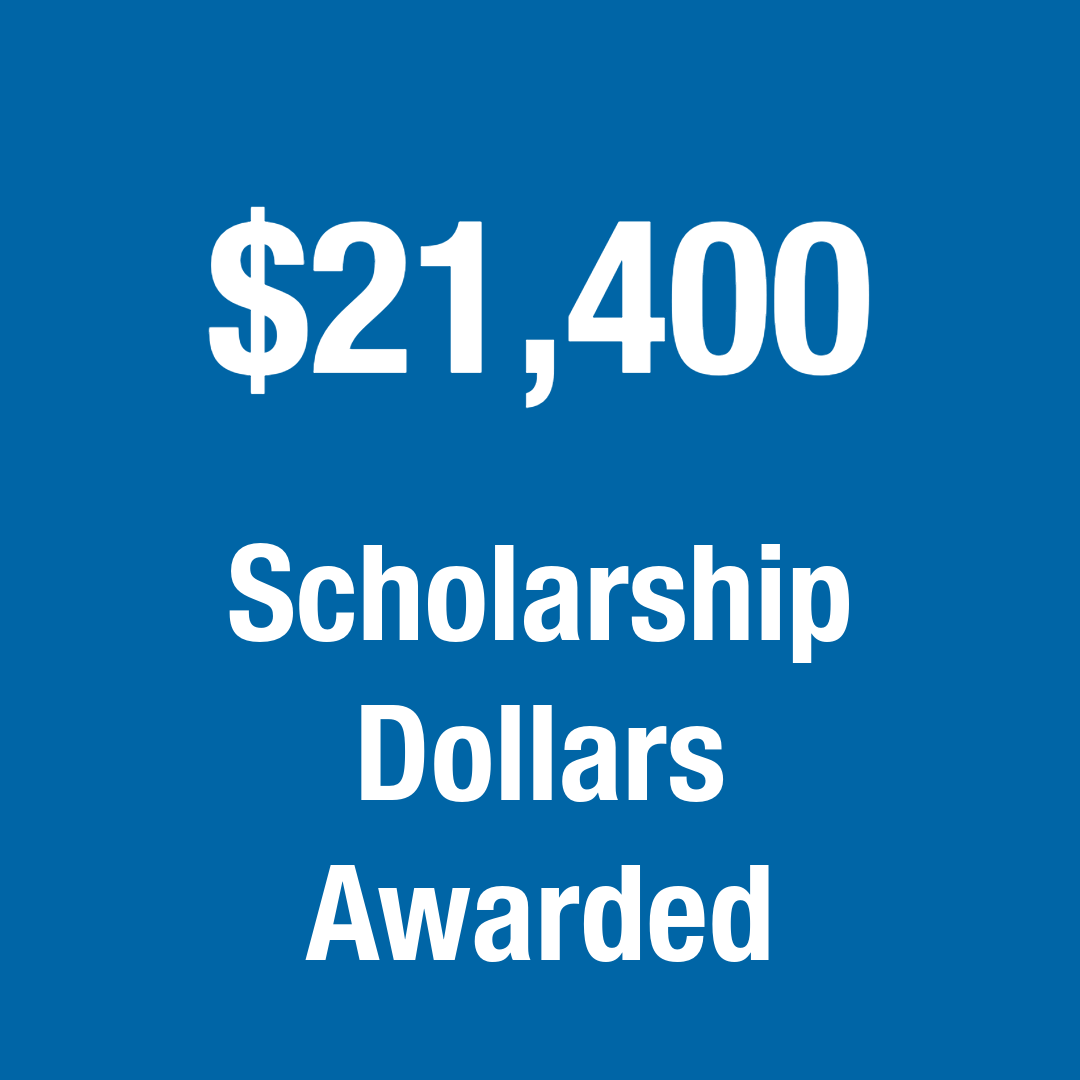Blue graphic with white text that says the number “$21,400” and the text “Scholarship Dollars Awarded.”
