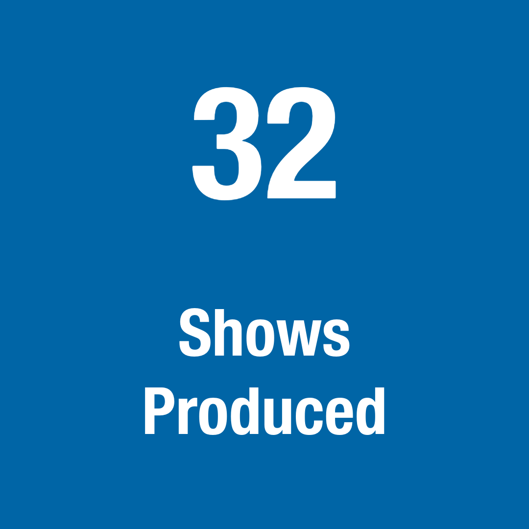 Blue graphic with white text that says the number “32” and the text “Shows Produced.”