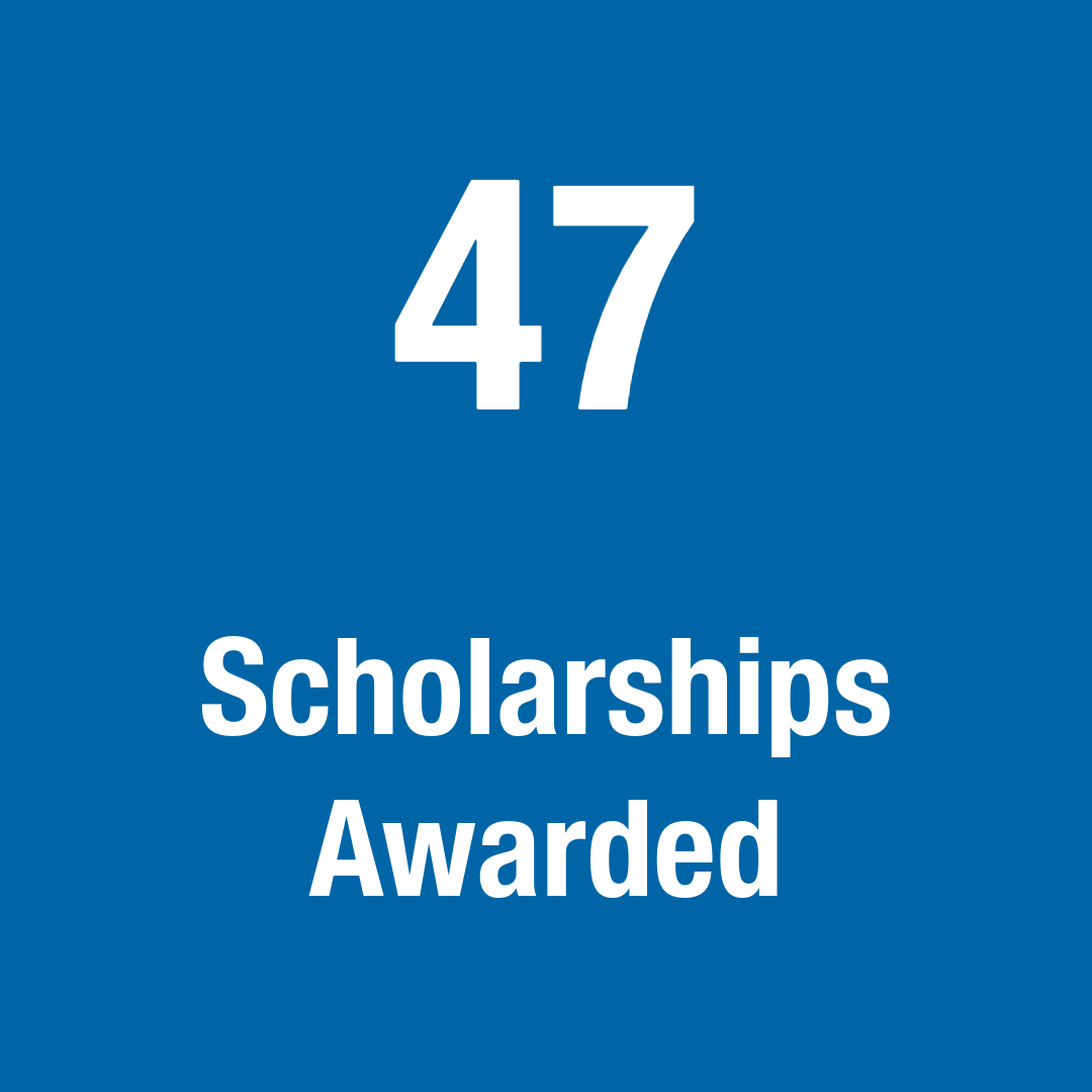 Blue graphic with white text that says the number “47” and the text “Scholarships Awarded.”