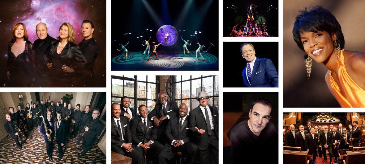 Collage of artists who played Live Art. In clockwise order, starting from the top left, they are Manhattan Transfer, Peking Acrobats, Cirque Zuma Zuma, Joe Piscopo , Nnenna Freelon, Spanish Harlem Orchestra, Mandy Patinkin, Take 6, and The Fabulous Equinox Orchestra 