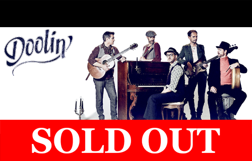 Promotional image of the band Doolin’ with five musicians and instruments, overlaid with ‘SOLD OUT’ in bold red text.