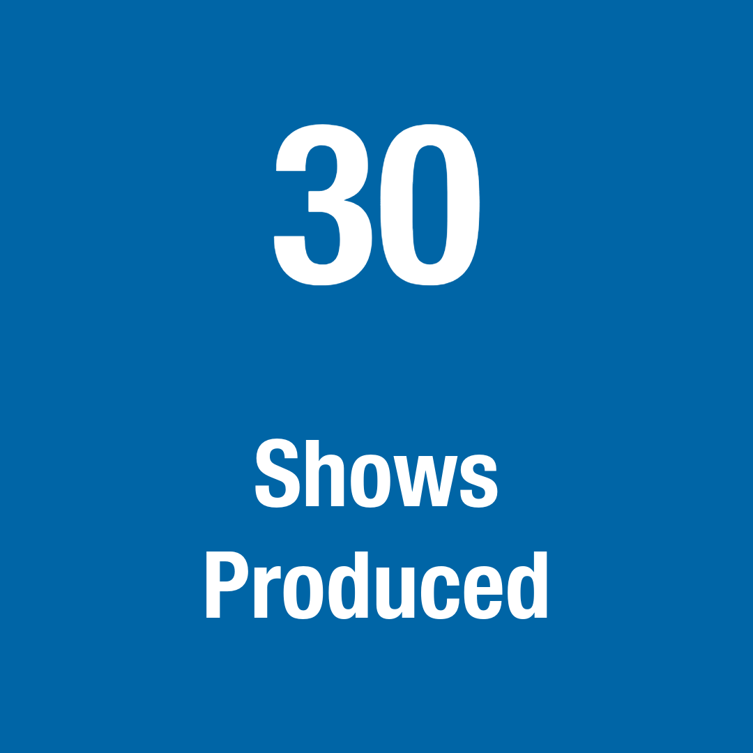 Blue graphic with white text that says the number “32” and the text “Shows Produced.”